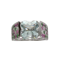 Bague Cocktail MAUBOUSSIN en or blanc, aigue - marine, émeraudes, rubis et diamants - Castafiore