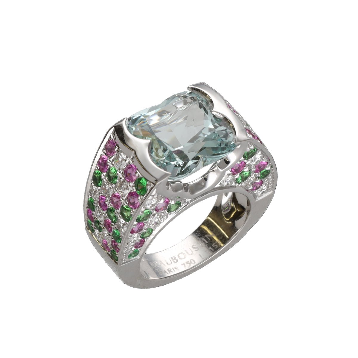 Bague Cocktail MAUBOUSSIN en or blanc, aigue - marine, émeraudes, rubis et diamants - Castafiore