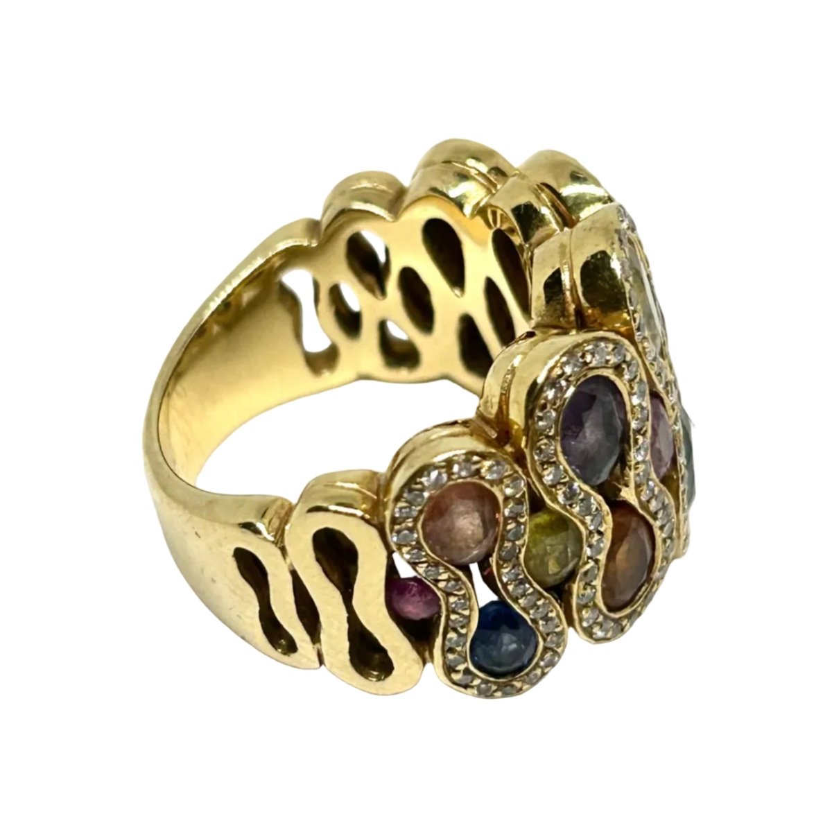 Bague Cocktail WASKOLL WAVE en or jaune, saphirs et diamants - Castafiore
