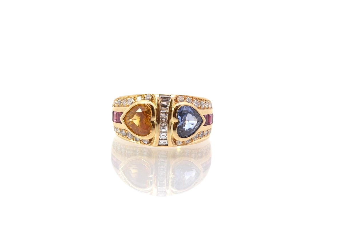 Bague coeurs saphirs, diamants et rubis en or 18k - Castafiore