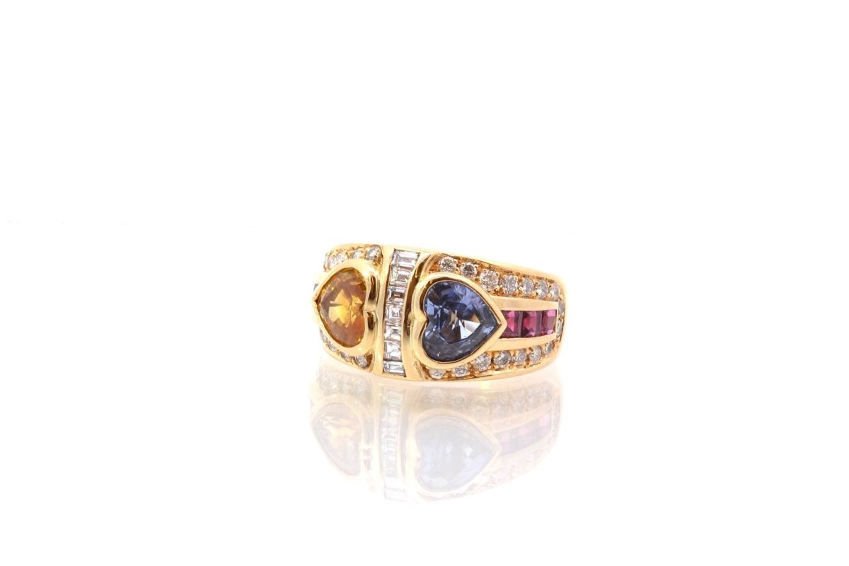 Bague coeurs saphirs, diamants et rubis en or 18k - Castafiore