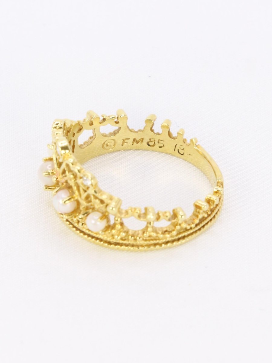 Bague couronne or jaune diamants perles - Castafiore