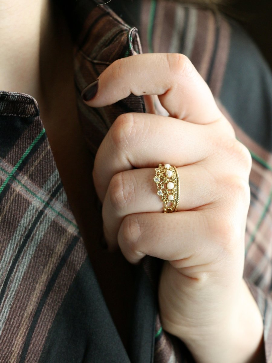 Bague couronne or jaune diamants perles - Castafiore