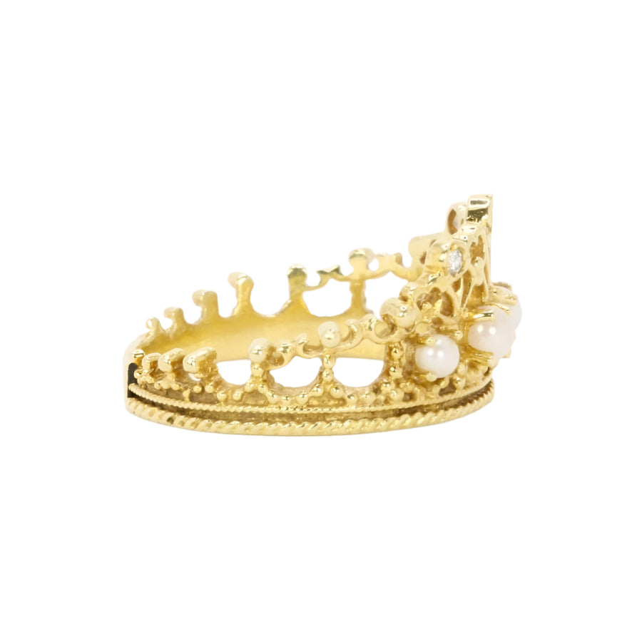 Bague couronne or jaune diamants perles - Castafiore