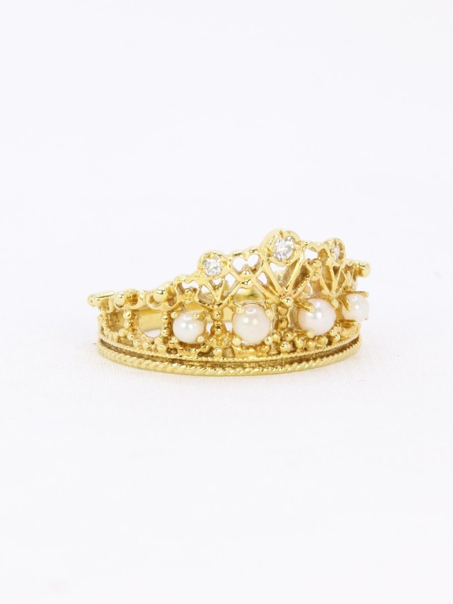 Bague couronne or jaune diamants perles - Castafiore