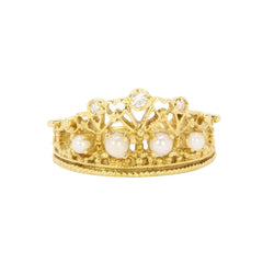 Bague couronne or jaune diamants perles - Castafiore