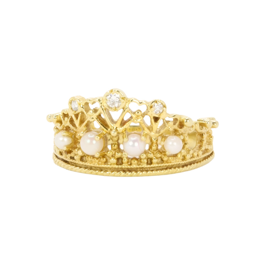 Bague couronne or jaune diamants perles - Castafiore