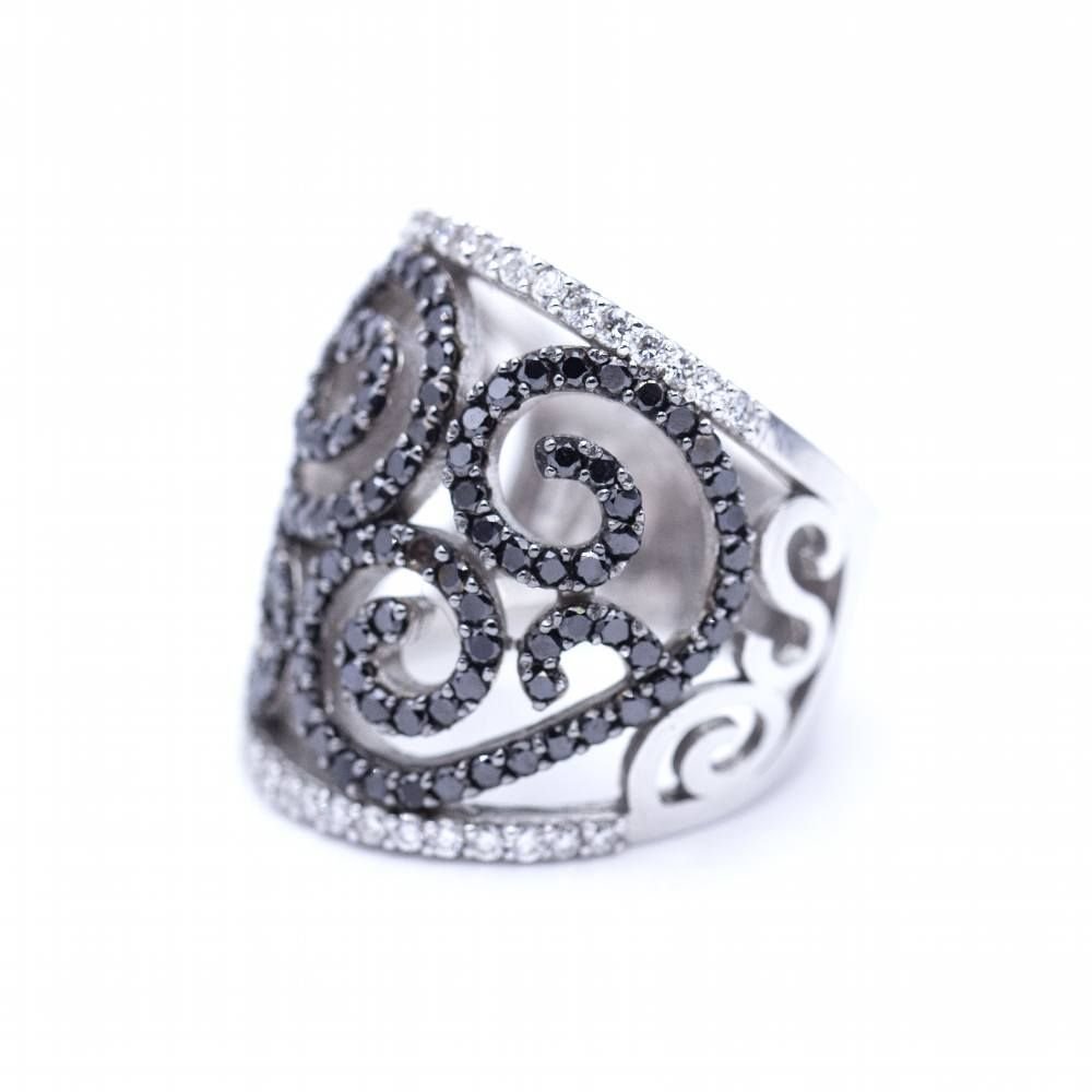 Bague CROWN en or blanc avec diamants blancs et noirs - Castafiore