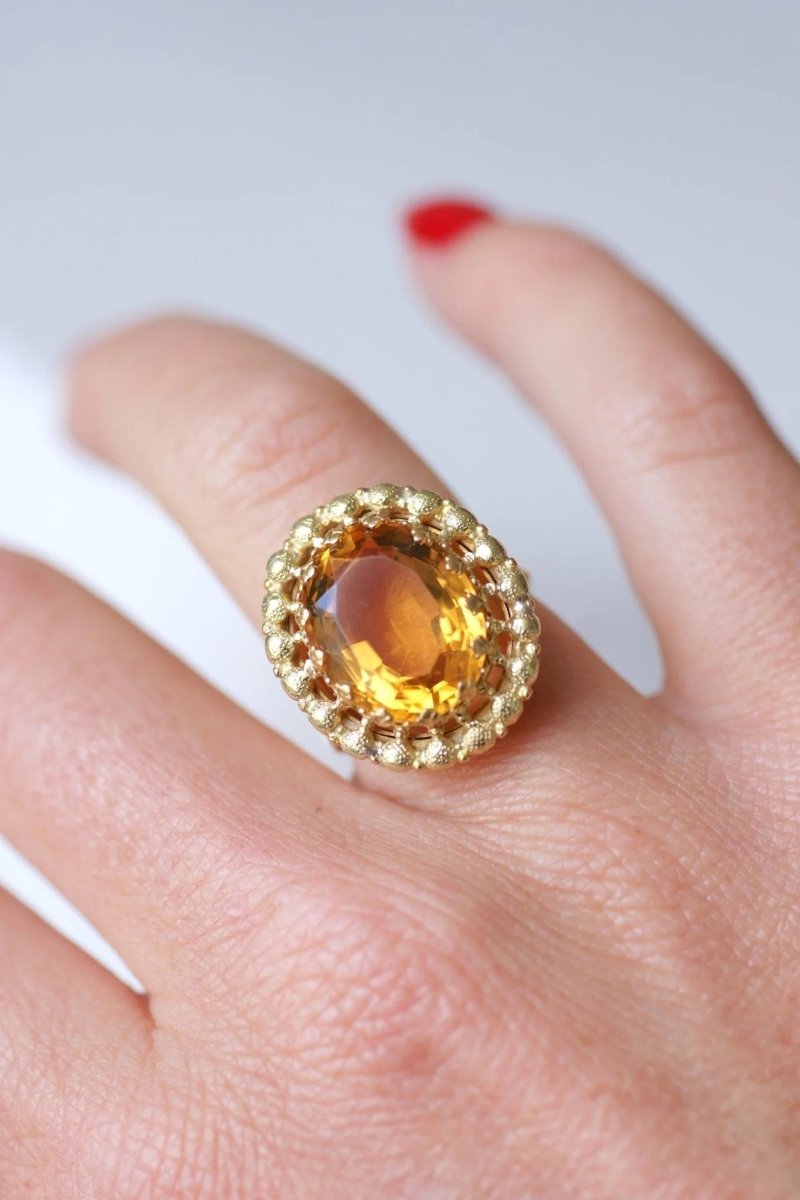 Bague de cocktail ancienne citrine sur or jaune et vert 18Kt - Castafiore