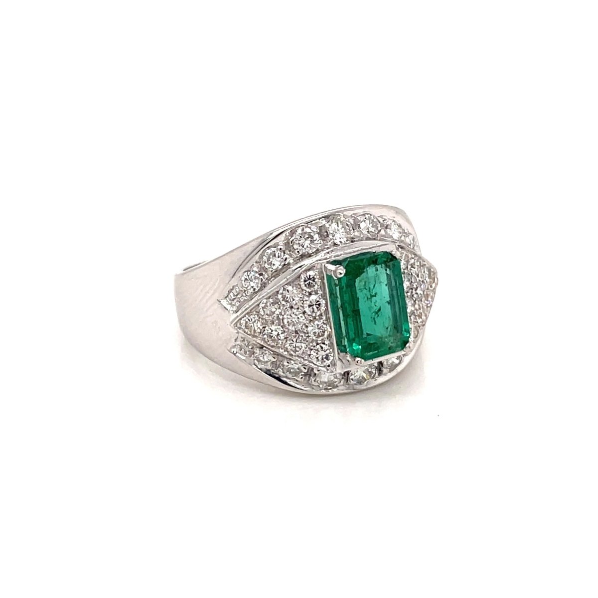 Bague de cocktail rétro en émeraude colombienne et diamant - Castafiore