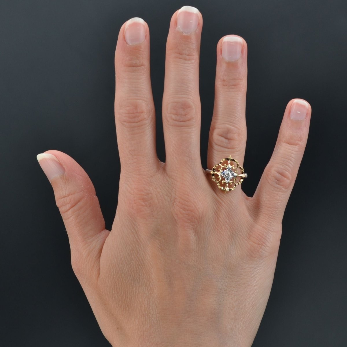 Bague diamants ors jaune et blanc arabesques grand modèle - Castafiore