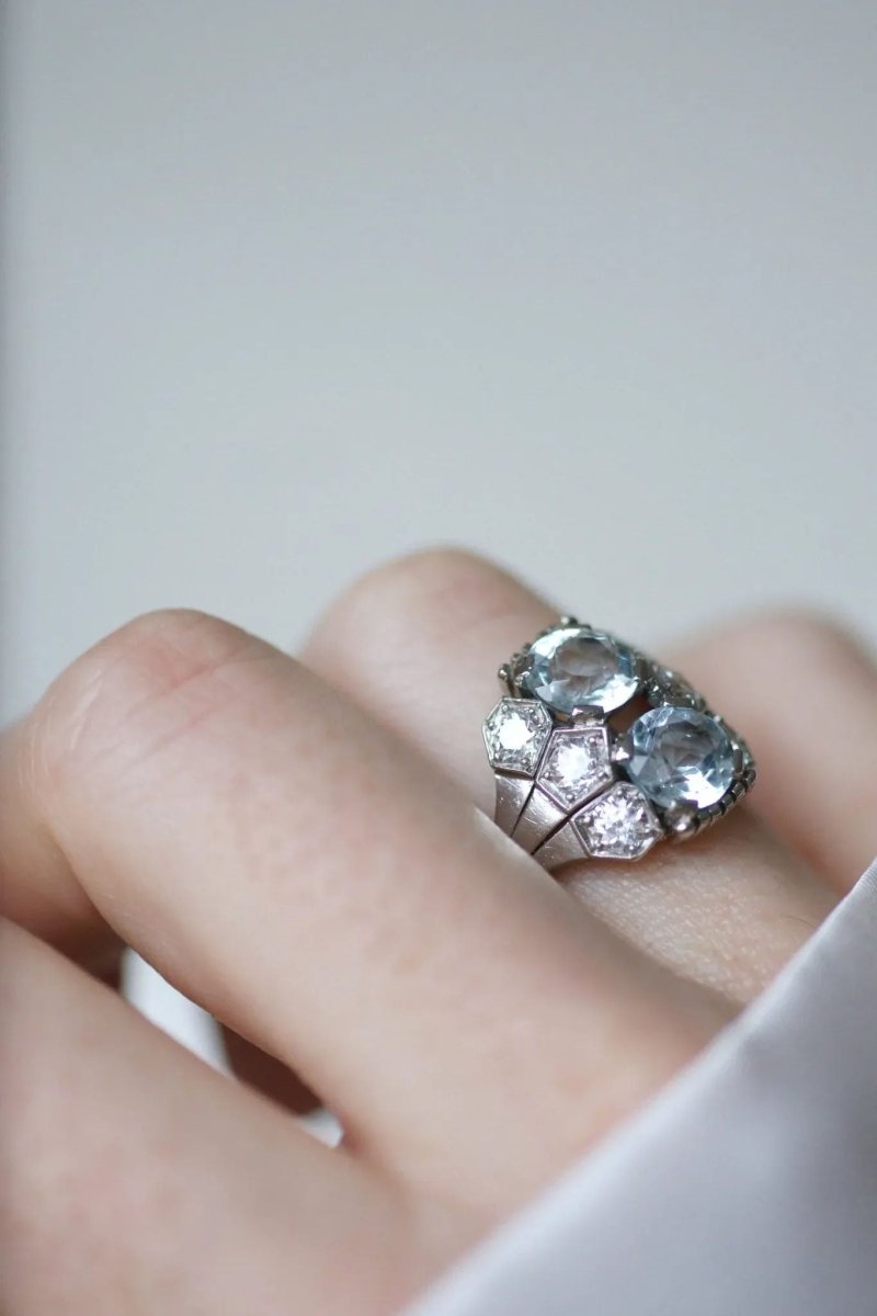 Bague dôme Art Deco aigue - marine et diamant - Castafiore