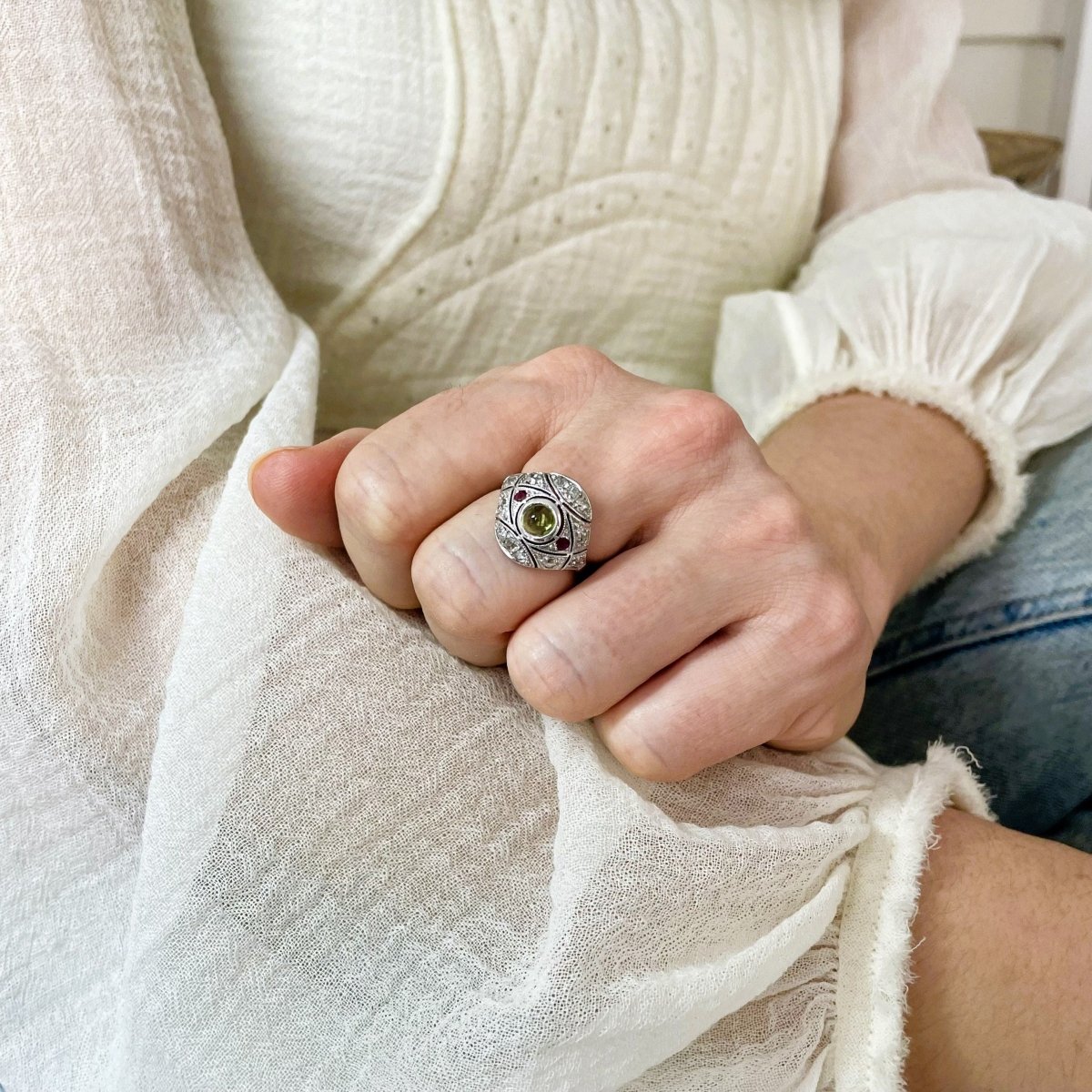 Bague Dôme Art Déco péridot rubis diamants - Castafiore
