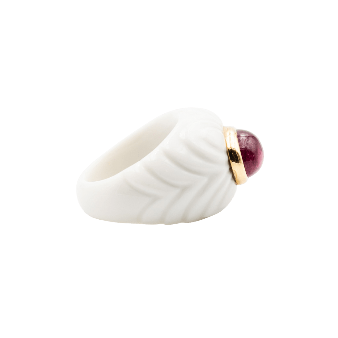 Bague Dôme BULGARI "Chandra" en céramique blanche, or jaune et tourmaline rose - Castafiore