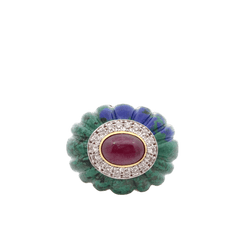 Bague Dôme DAVID WEBB en or jaune, malachite, rubis et diamants - Castafiore
