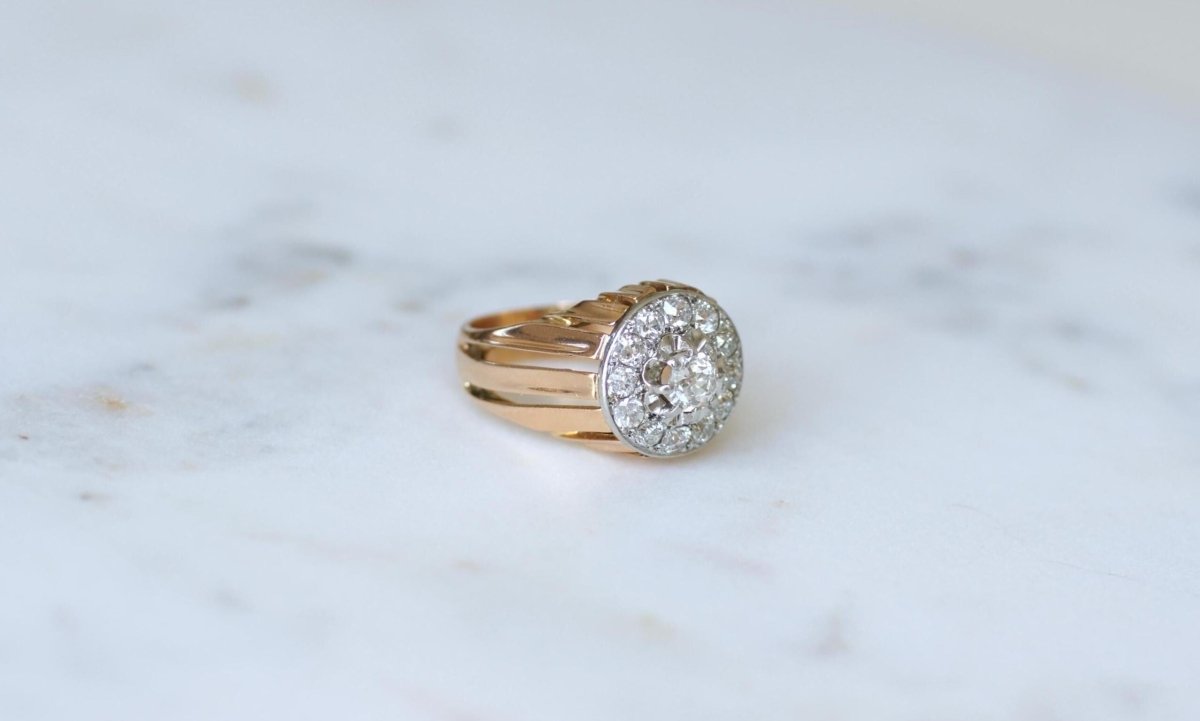 Bague Dôme Diamants 2,40 Cts Or rose et Platine Années 40 - Castafiore
