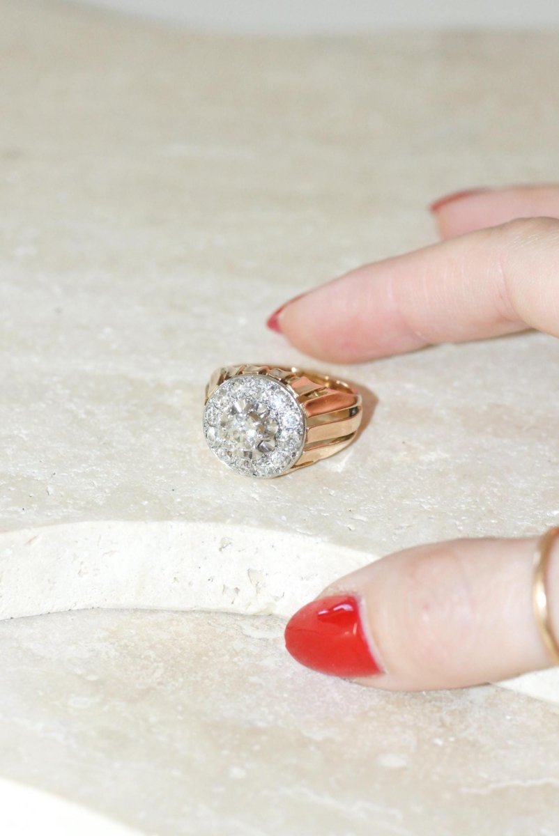 Bague Dôme Diamants 2,40 Cts Or rose et Platine Années 40 - Castafiore