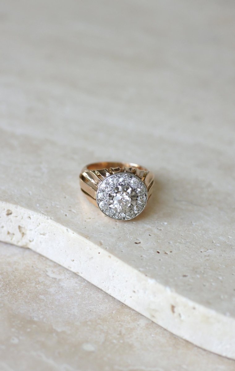 Bague Dôme Diamants 2,40 Cts Or rose et Platine Années 40 - Castafiore