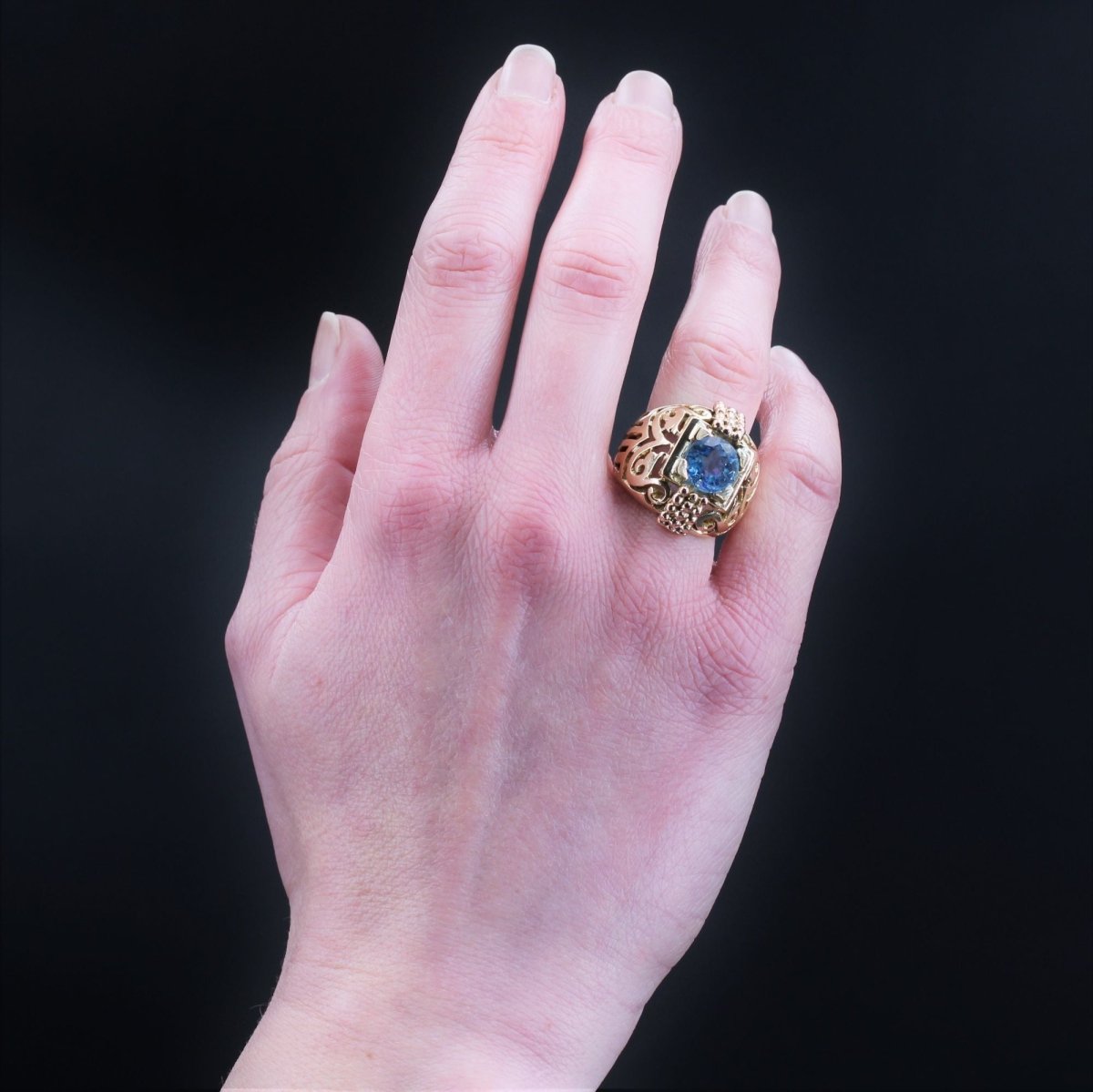 Bague Dôme en or jaune, aigue - marine et perles - Castafiore