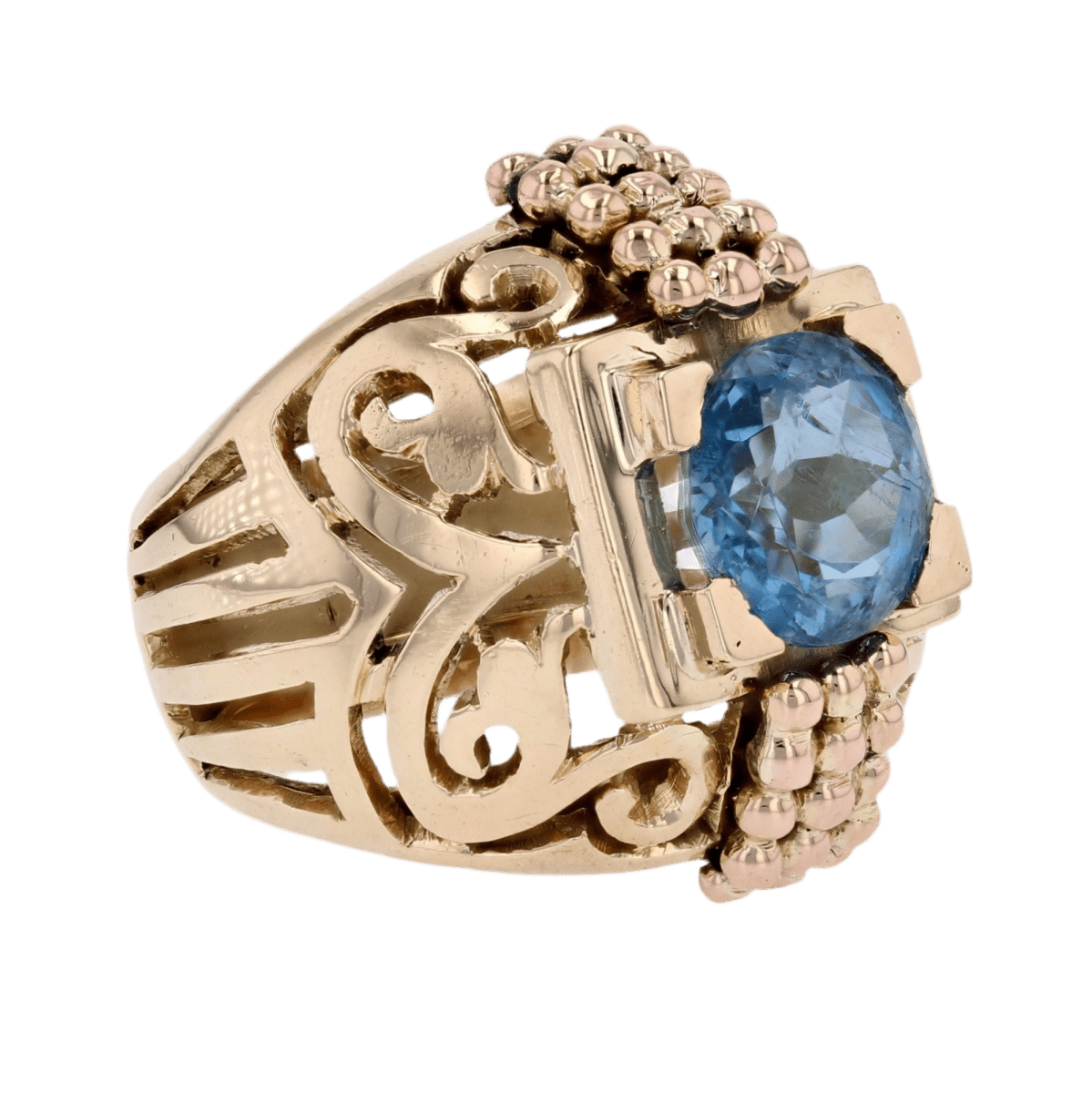 Bague Dôme en or jaune, aigue - marine et perles - Castafiore