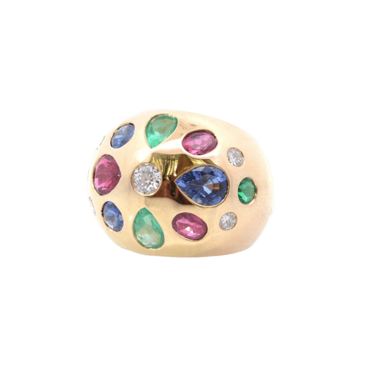 Bague Dôme en or jaune, émeraudes, rubis, saphirs, tourmaline et diamants - Castafiore