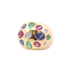 Bague Dôme en or jaune, émeraudes, rubis, saphirs, tourmaline et diamants - Castafiore