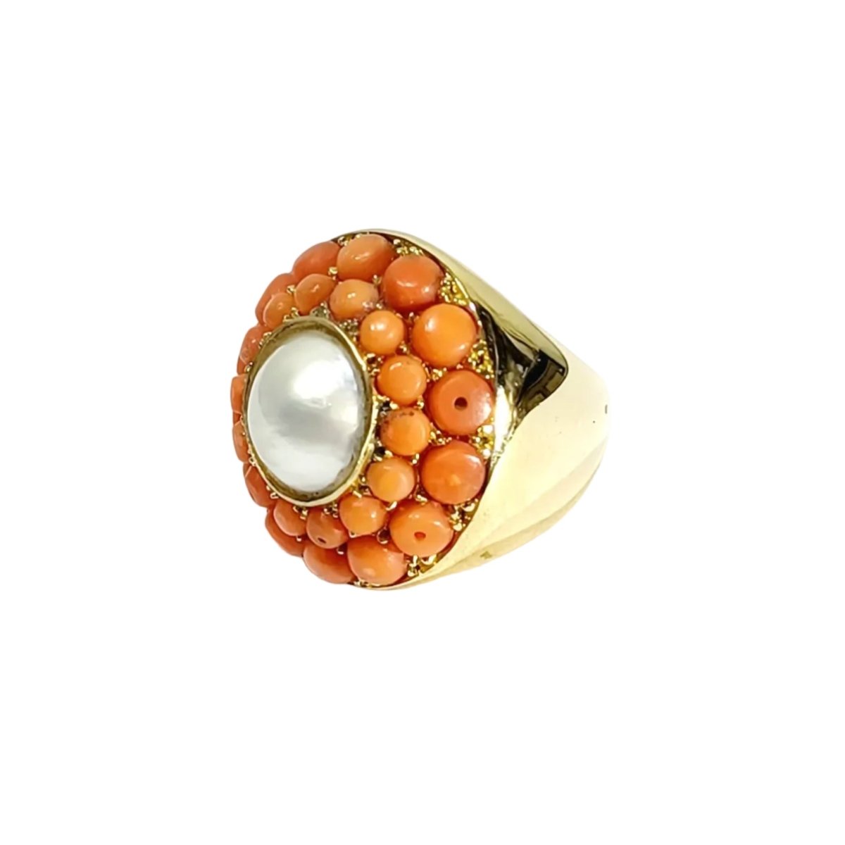 Bague Dôme en or jaune, perle et corail - Castafiore