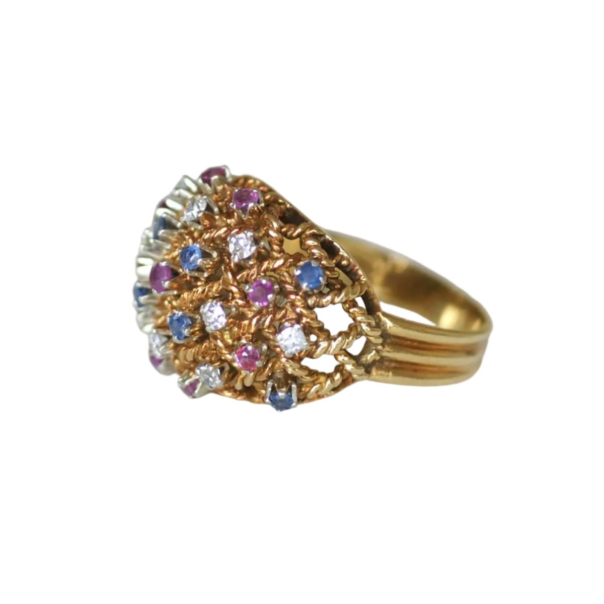 Bague Dôme en or rose, saphirs, rubis et diamants - Castafiore