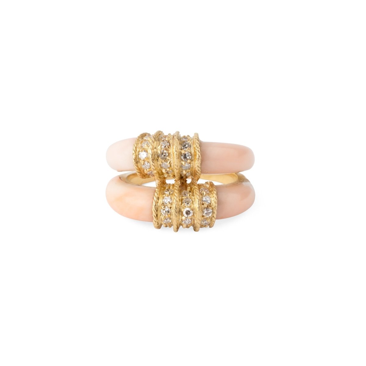 Bague double anneaux en or jaune, corail peau d'ange et diamants - Castafiore
