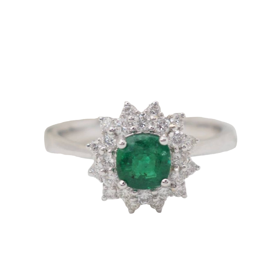 Bague double entourage en or blanc, émeraude 0.64ct et diamants - Castafiore