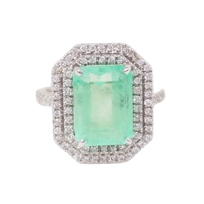 Bague double entourage en or blanc, émeraude de colombie certifiée et diamants - Castafiore