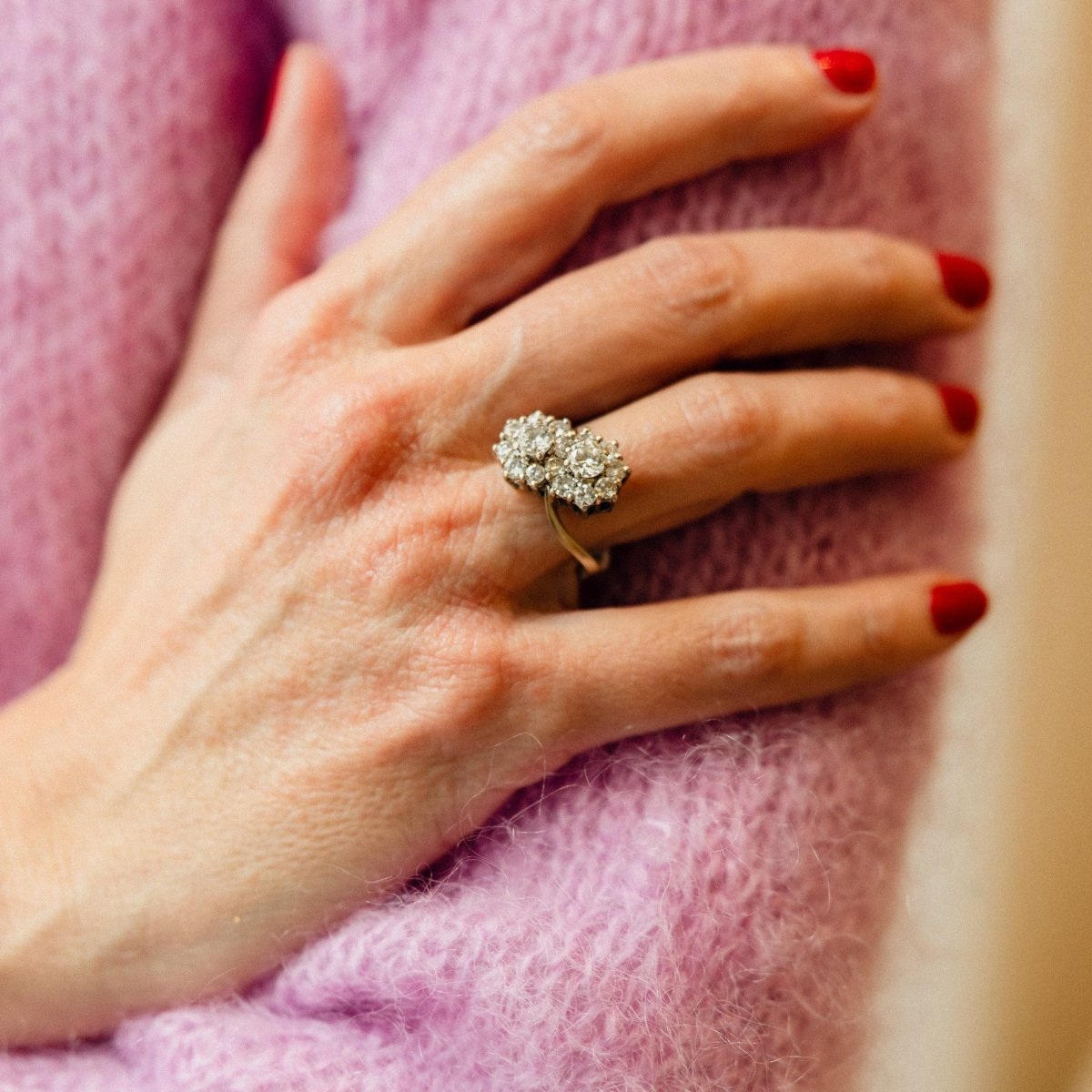 Bague double Marguerites en or blanc et diamants