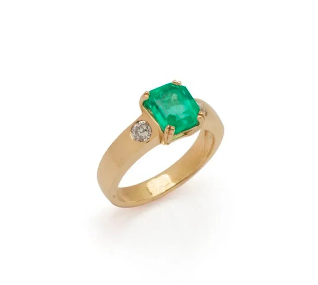 Bague Emeraude Colombie 1.63 Carats Diamants Or Jaune 18 Carats (Certificat) - Castafiore