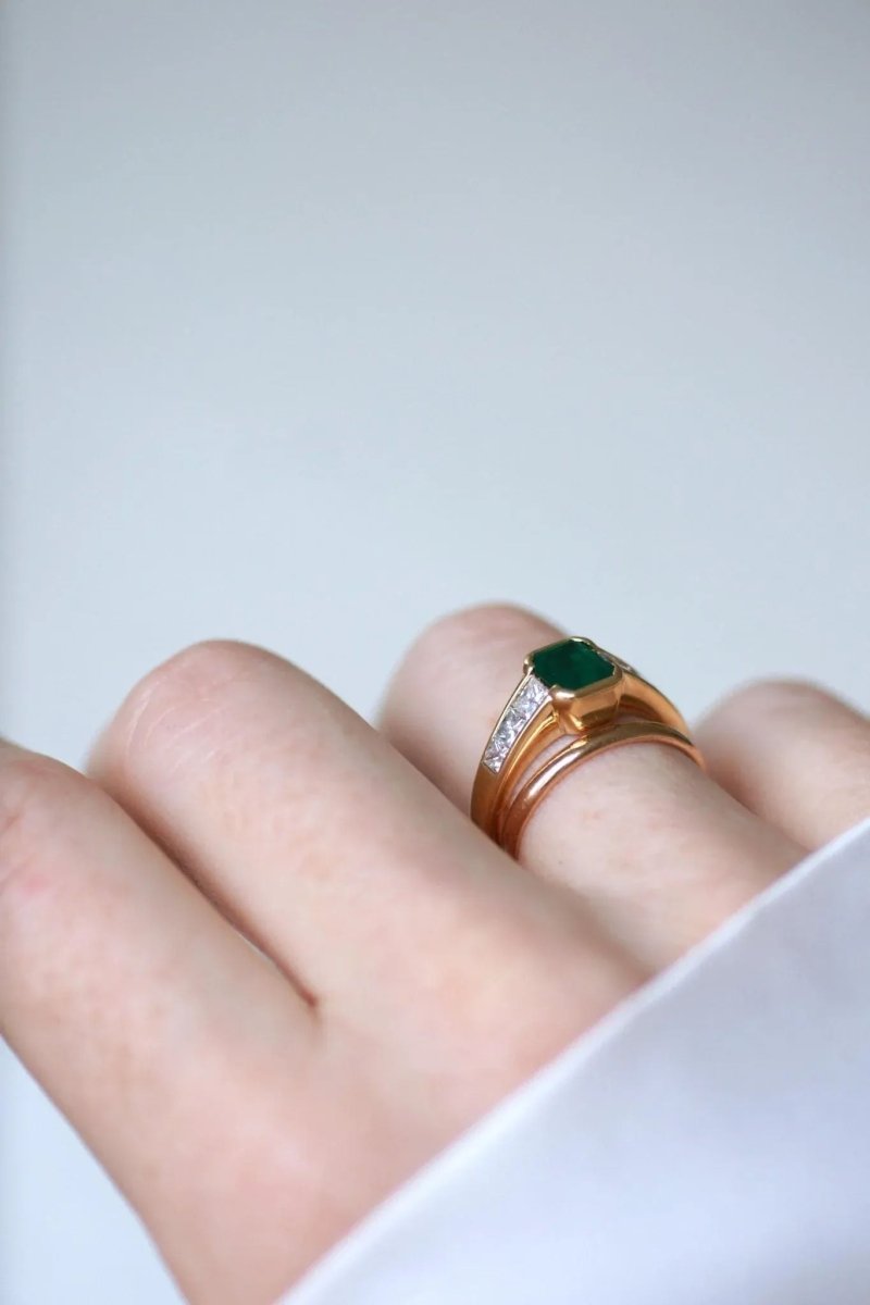 Bague Emeraude et Diamant Princesse sur Or Jaune - Castafiore