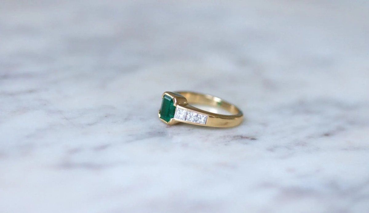 Bague Emeraude et Diamant Princesse sur Or Jaune - Castafiore