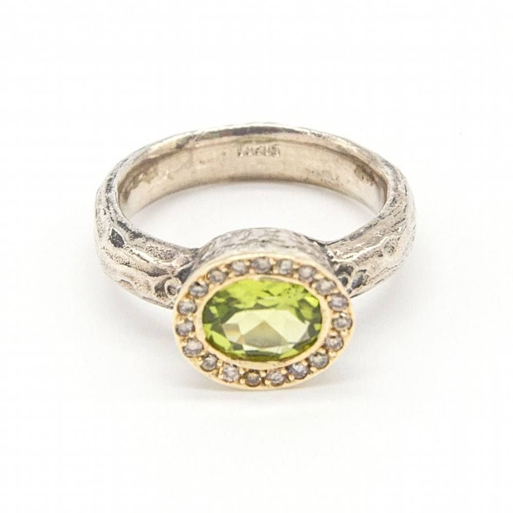 Bague en argent et or avec diamants et péridot - Castafiore