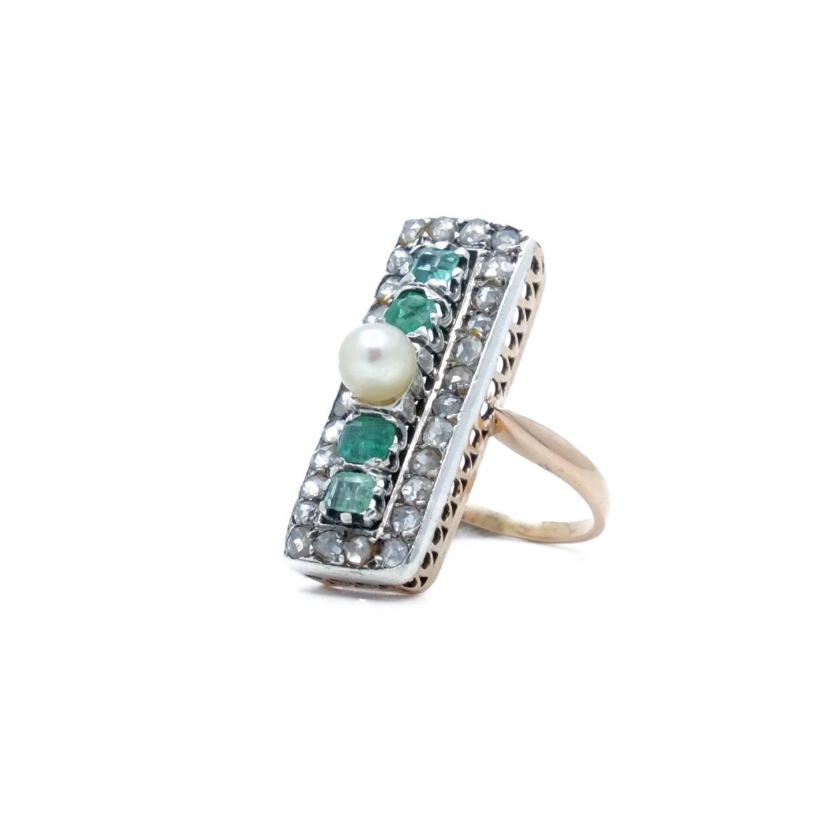 Bague en argent, or rose, perle et émeraudes - Castafiore