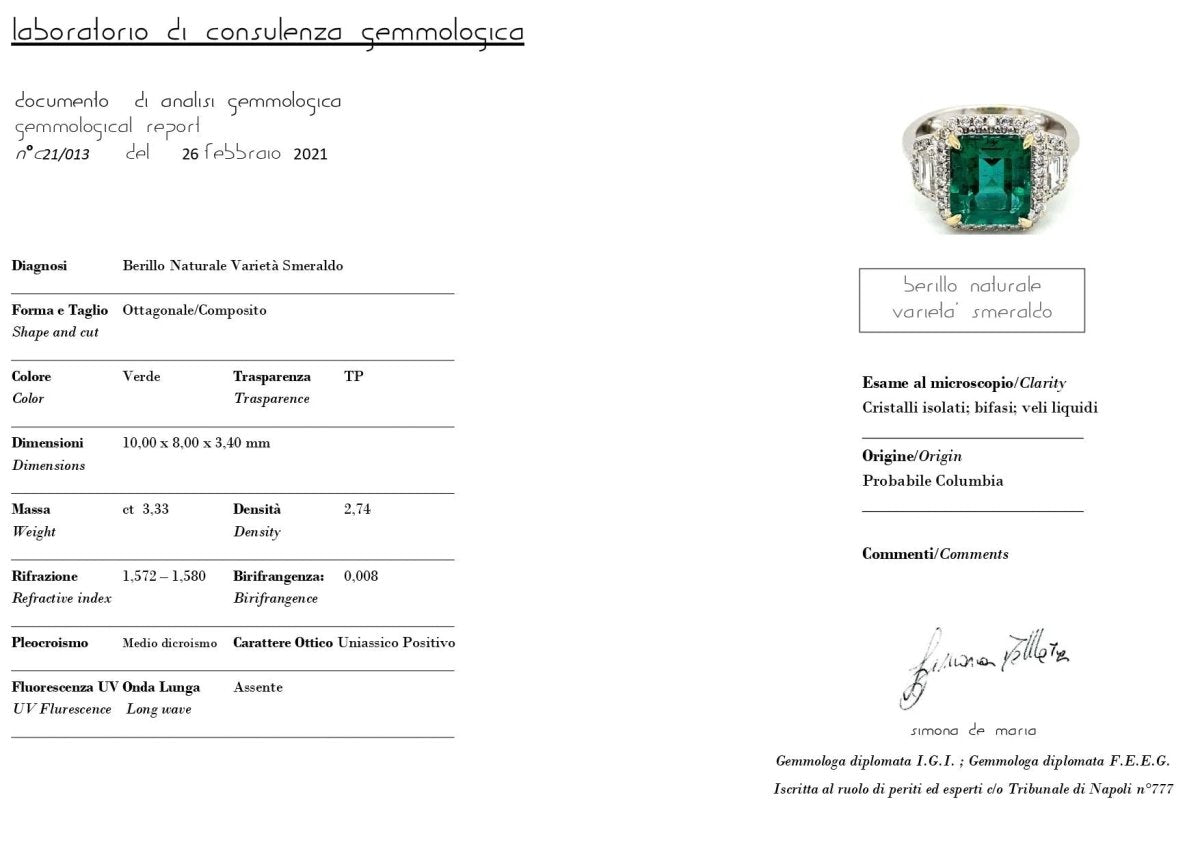 Bague en or avec émeraude non traitée de 3,33 carats certifiée par le Domaine - Castafiore