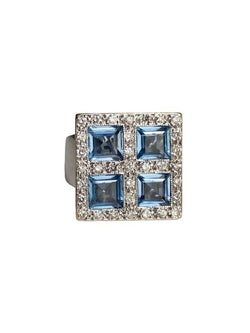 Bague en or blanc de forme carrée, sertie de quatre aigue - marine et diamants - Castafiore