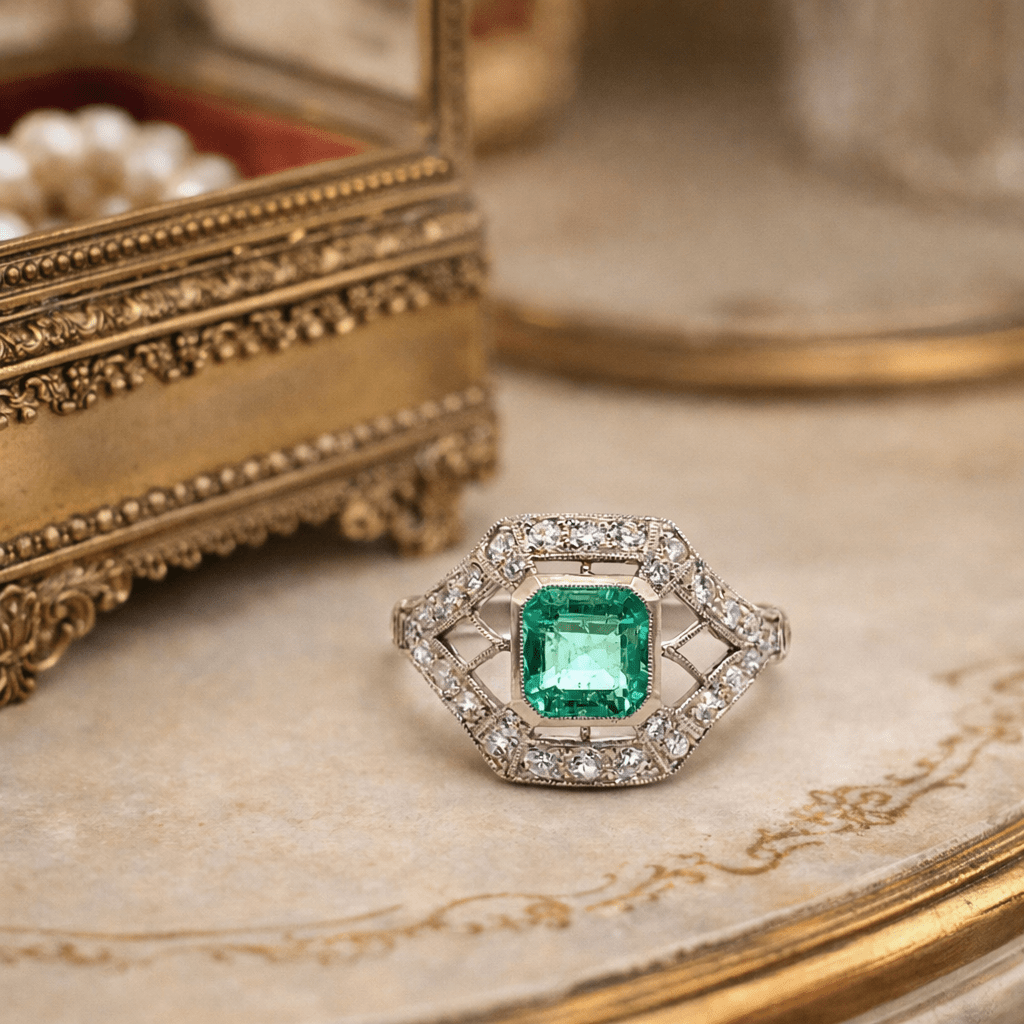 Bague en or blanc, émeraude et diamants - Castafiore