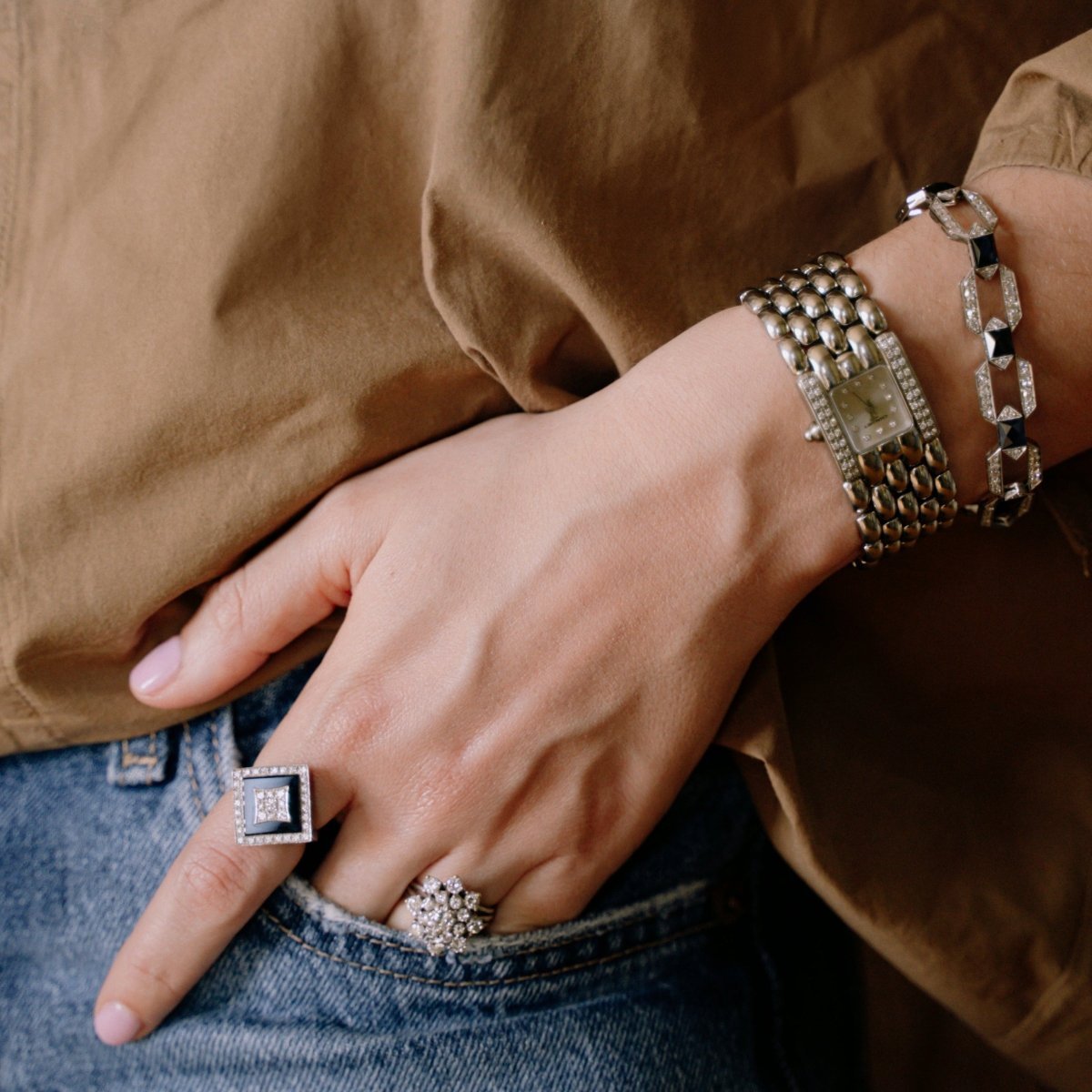 Bague en or blanc onyx et diamants - Castafiore