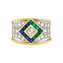 Bague en or blanc, or jaune, saphirs, émeraudes et diamants - Castafiore