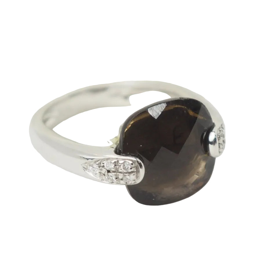 Bague en or blanc, quartz fumé et diamants - Castafiore