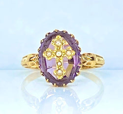 Bague en or jaune 18 carats avec croix en perles fines, vers 1880 - Castafiore