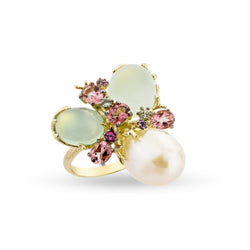 Bague en or jaune 18 carats, perle et calcédoines – Taille EU54 - Castafiore