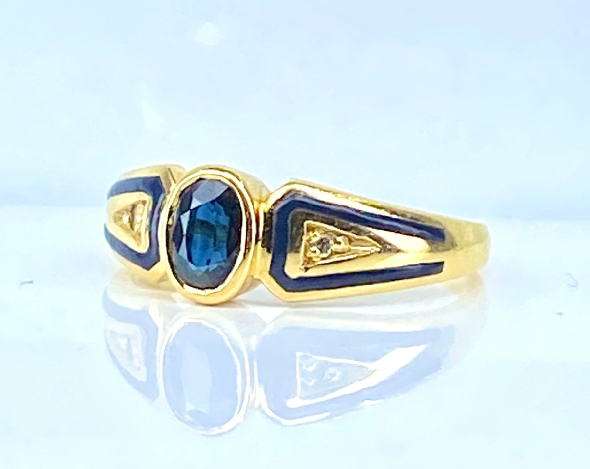 Bague en or jaune 18 carats, saphir,diamants et émail - Castafiore