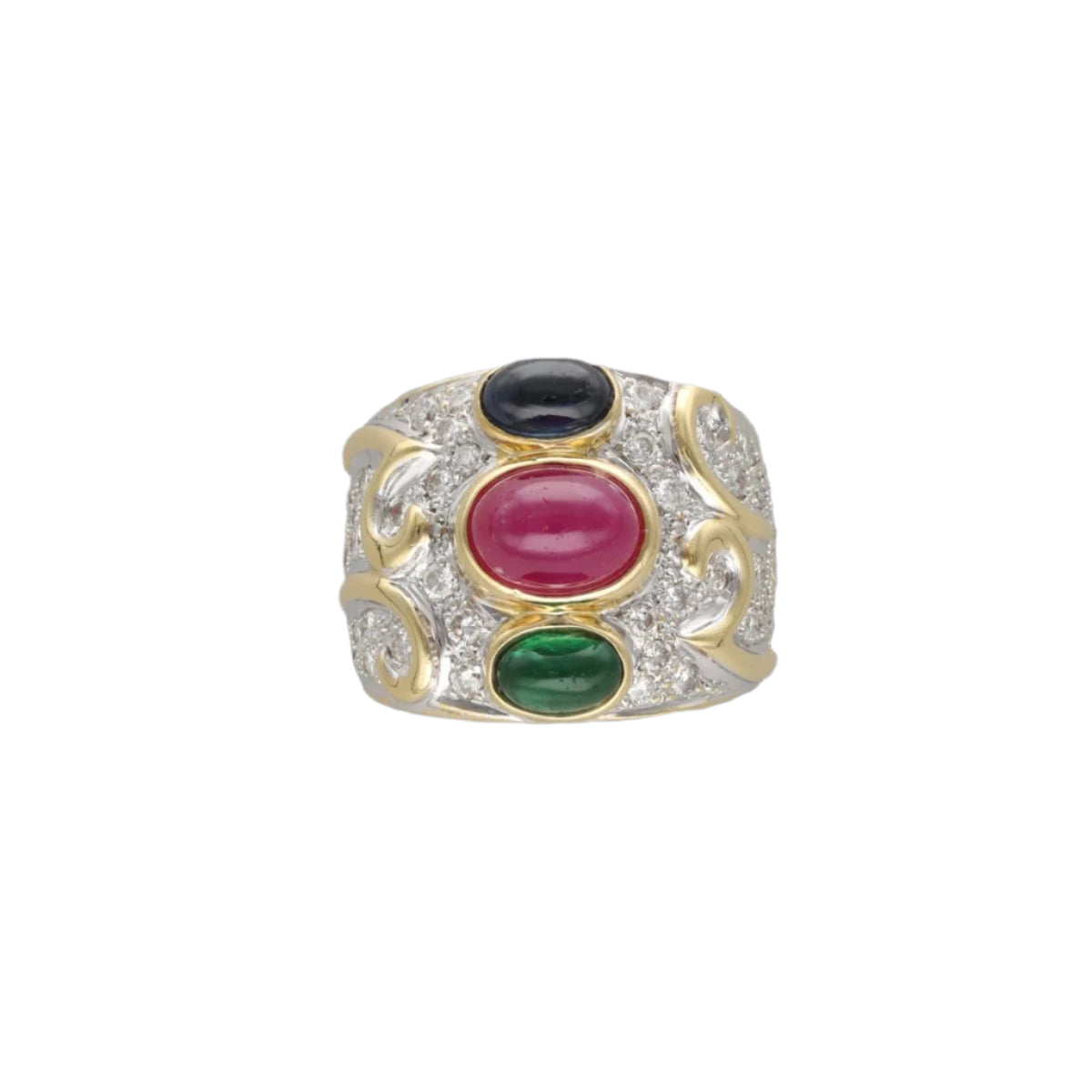 Bague en or jaune 18 Cts avec saphir, rubis, émeraude et diamants vers 1990. T49 - Castafiore