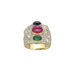 Bague en or jaune 18 Cts avec saphir, rubis, émeraude et diamants vers 1990. T49 - Castafiore