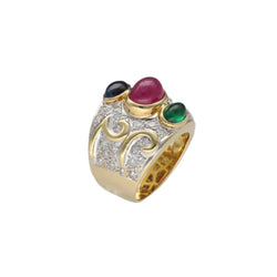 Bague en or jaune 18 Cts avec saphir, rubis, émeraude et diamants vers 1990. T49 - Castafiore