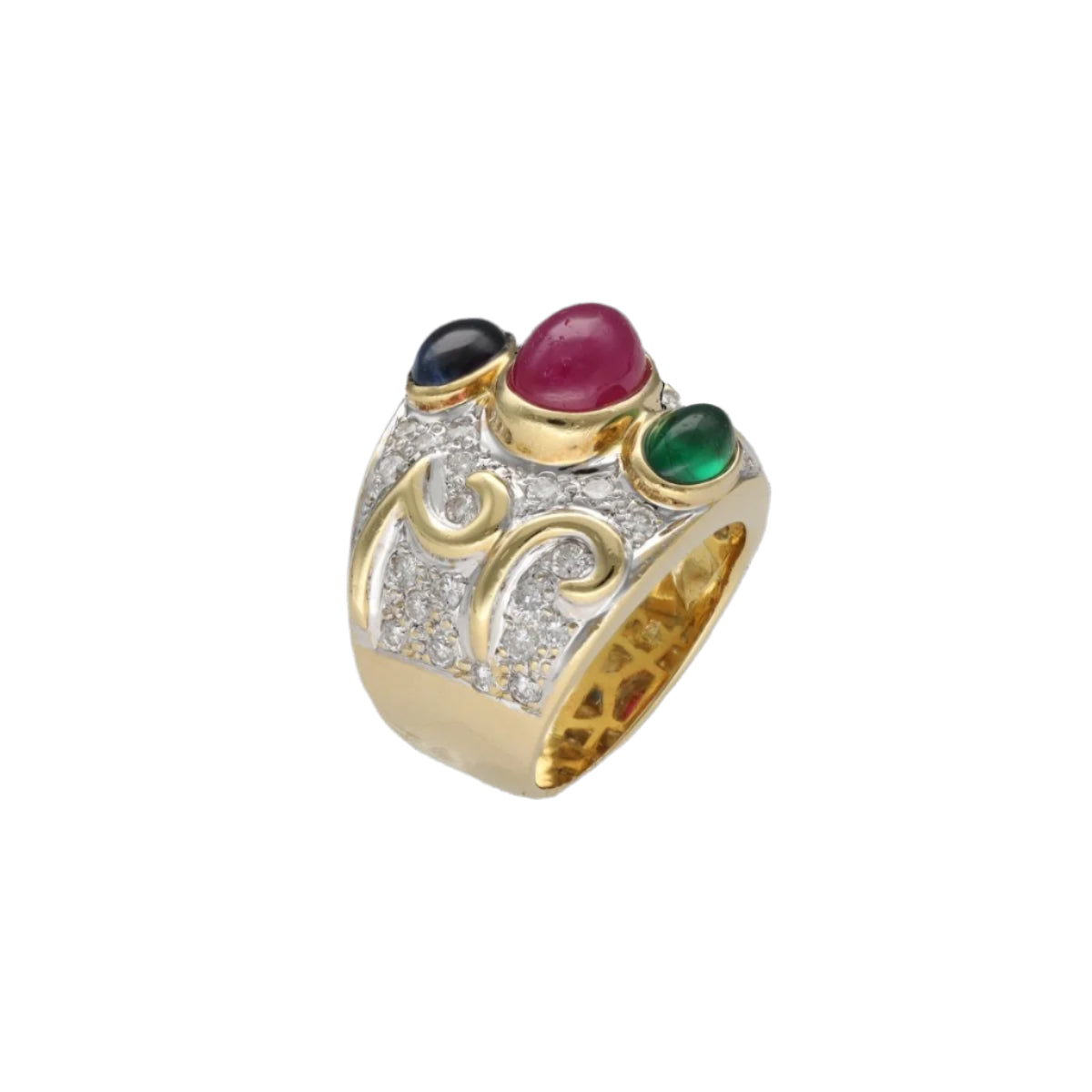 Bague en or jaune 18 Cts avec saphir, rubis, émeraude et diamants vers 1990. T49 - Castafiore